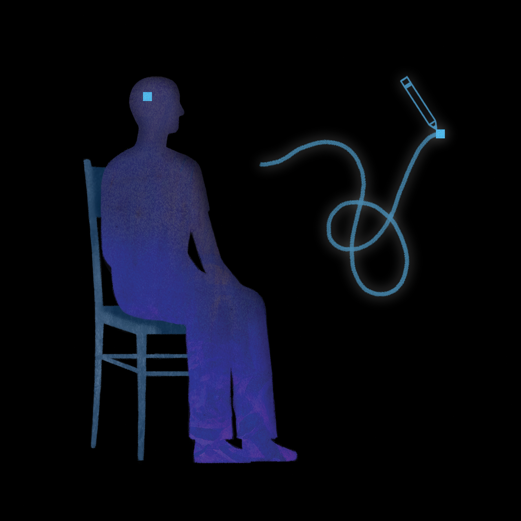 Illustration of Man Sitting in Chair with wire doodle next to him.